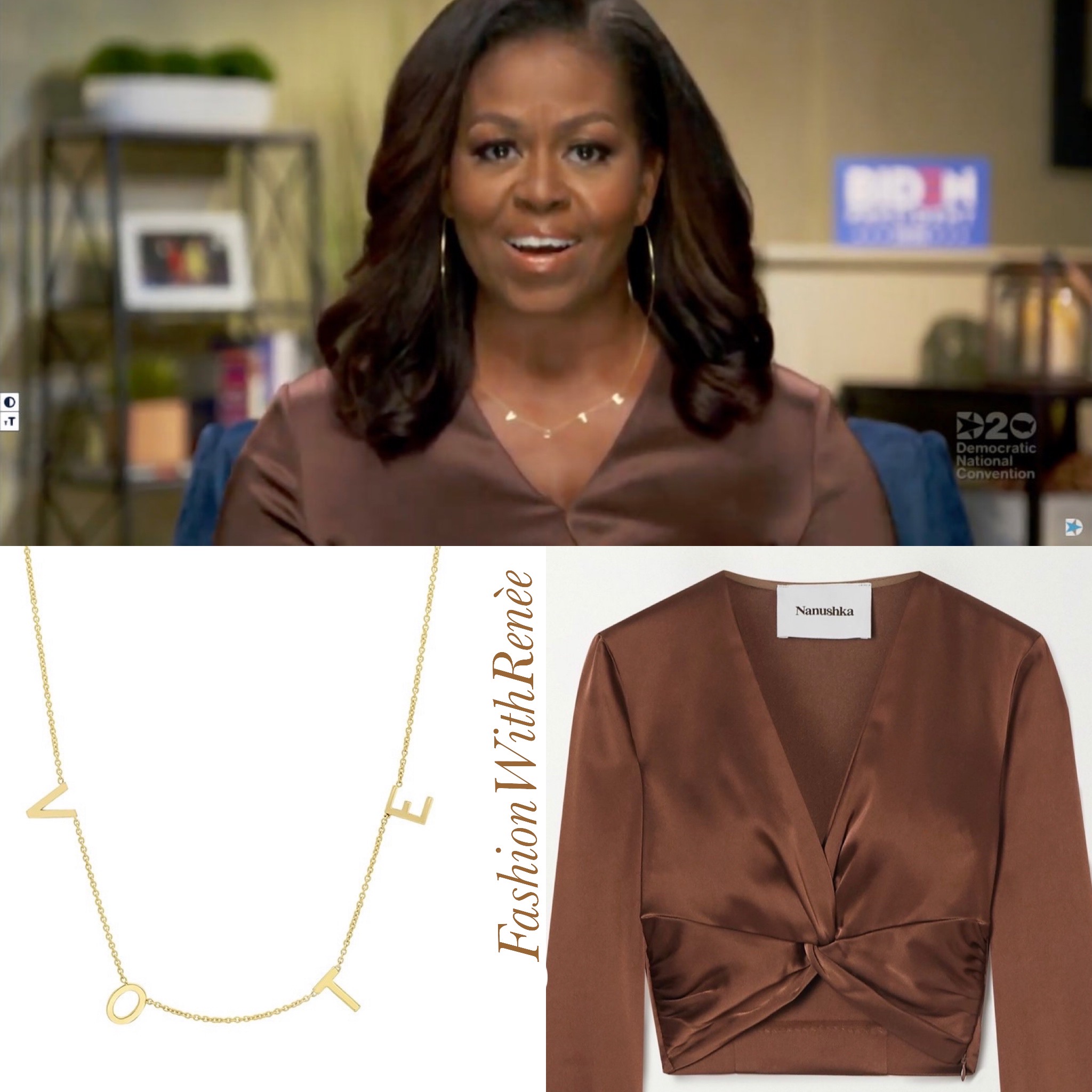 Michelle Obama’s 2020 Democratic National Convention statement VOTE necklace and satin blouse